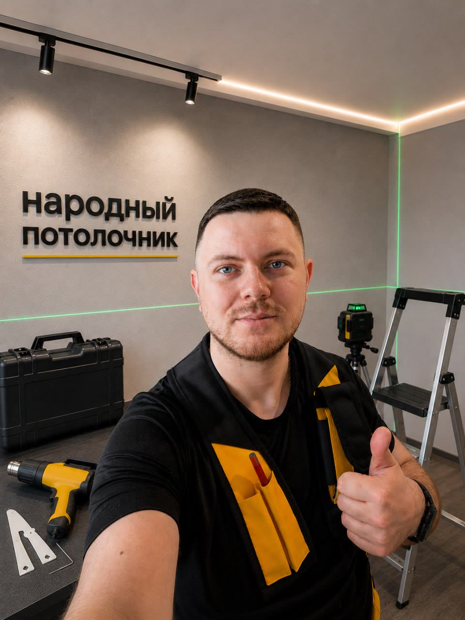 Юрий, основатель «Народного потолочника», с лазерным нивелиром и инструментом